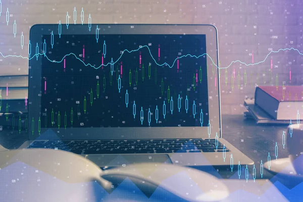 Finanzgrafik bunte Zeichnung und Tabelle mit Computer auf dem Hintergrund. Doppelbelichtung. Konzept der internationalen Märkte. — Stockfoto