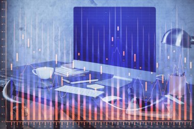 Finansal grafik renkli çizimler ve arka planda bilgisayar olan tablolar. Çifte maruziyet. Uluslararası pazarlar kavramı.
