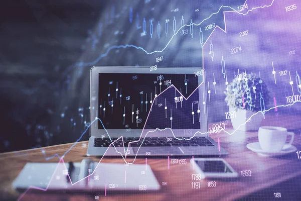 Finanzgrafik bunte Zeichnung und Tabelle mit Computer auf dem Hintergrund. Doppelbelichtung. Konzept der internationalen Märkte. — Stockfoto