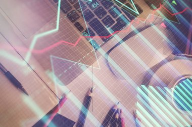 Bilgisayarla arka plan üzerine iki kat mali şema çizimi. Araştırma ve analiz kavramı. Üst görünüm.