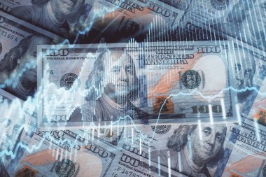 Forx grafiğinin çok sayıda görüntüsü bize dolar banknotları arka planında görünüyor. Finansal başarı piyasası kavramı.