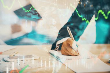 Ön x çizelgesinin arka plan notları alan insanların üzerini çizerken çift pozlama. Mali analiz kavramı