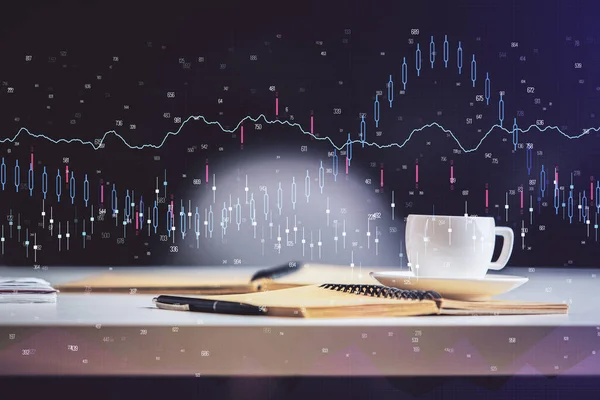 Multi-Exposition von Forex-Graphen-Zeichnung und Desktop mit Kaffee und Gegenständen auf Tischhintergrund. Konzept des Finanzmarkthandels — Stockfoto