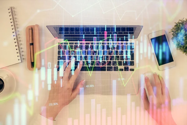 Multi exposure of woman hands working on computer and forex chart hologram drawing. Top View. Financial analysis concept. — Stock Photo, Image