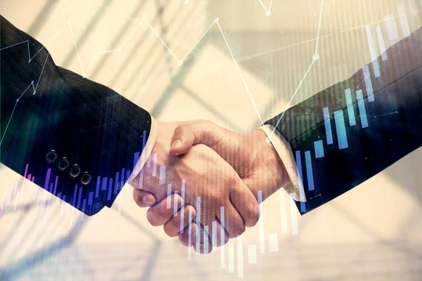 Double exposure of forex graph hologram and handshake of two men. Stock market concept. — Stock Photo, Image