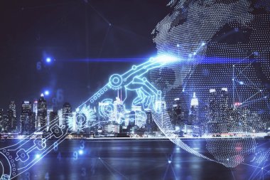 Teknoloji temalı hologramın ve şehrin arka planının iki katına çıkarılması. Yüksek Teknoloji kavramı.