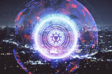 Teknoloji temalı hologramın ve şehrin arka planının iki katına çıkarılması. Yüksek Teknoloji kavramı.