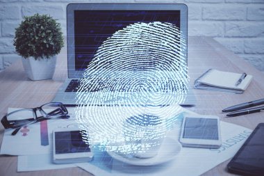 Ofisteki bilgisayarın parmak izi çizimi. Çifte maruziyet. İş veri güvenliği kavramı.