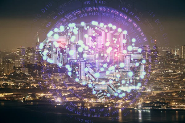 Holograma cerebral desenhado sobre fundo da cidade Exposição dupla. Conceito de brainstorming. — Fotografia de Stock
