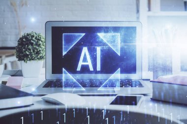 Kişisel bilgisayar ve teknik tema çizimi ile masaüstü çok açıkta. Büyük Veri Kavramı.