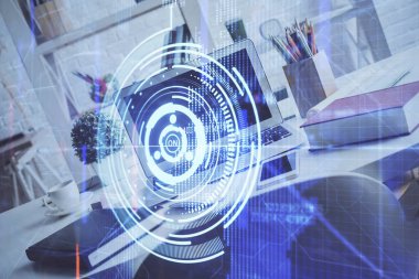 Kişisel bilgisayar ve teknik tema çizimi ile masaüstü çok açıkta. Büyük Veri Kavramı.