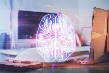 Bilgisayar ve insan beyninin hologram çizdiği çalışma alanının iki katına çıkarılması. Beyin fırtınası konsepti.