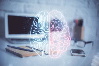 Bilgisayar ve insan beyin hologramıyla çalışma alanının çoklu açığı. Beyin fırtınası konsepti.