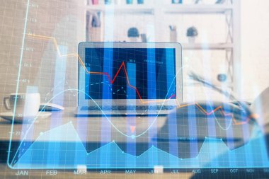 Eski pazar grafiği hologramı ve kişisel bilgisayar geçmişi. Çoklu maruz kalma. Yatırım kavramı.