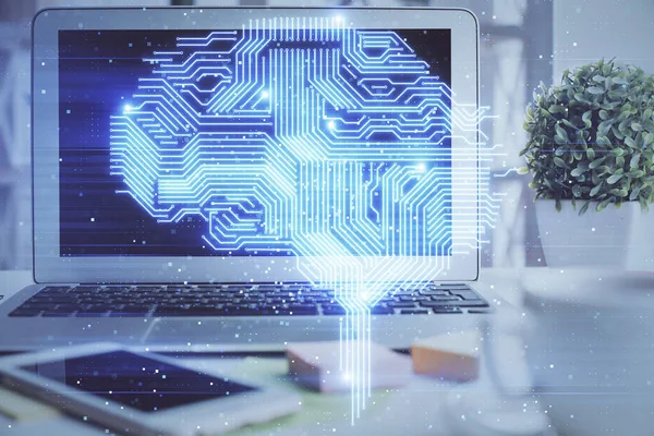 Dupla exposição do espaço de trabalho com holograma de desenho de computador e cérebro humano. Conceito de brainstorm. — Fotografia de Stock