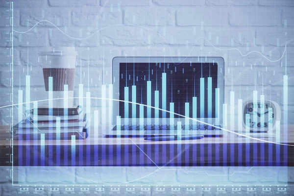 Stock market graph and table with computer background. Multi exposure. Concept of financial analysis. — Stock Photo, Image