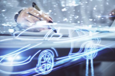 Teknik otomatik pilot temalı hologram, kadınların elleri üzerinde not alıyor. Yüksek teknoloji kavramı. Çift pozlama