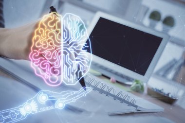 Arka planda beyin hologramıyla el yazısına çok maruz kalmış. Kendi kendine öğrenme kavramı.