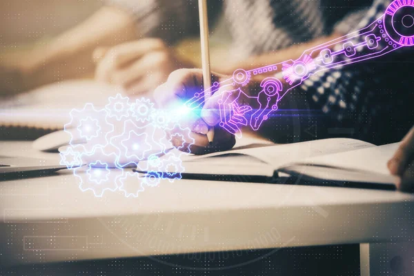 Schreibende Hände mit Technologie-Ikonen. — Stockfoto