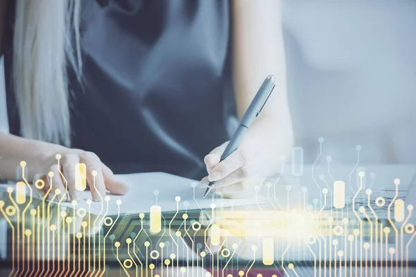 Double exposure of womans writing hand on background with data technology hud. Big data concept. — Stock Photo, Image