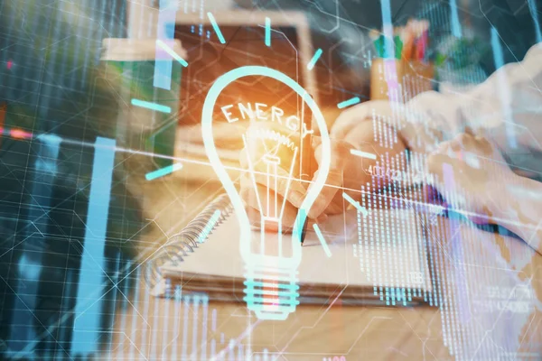 Drawing bulb over womans hands taking notes background. Concept of idea. Double exposure — Stock Photo, Image