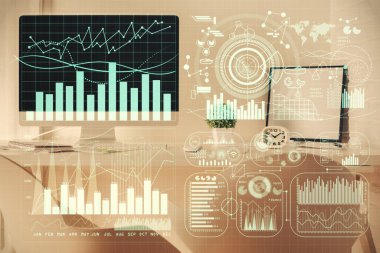 Hisse senedi borsası çizimine ve ofis iç planına çok maruz kalmış. Mali analiz kavramı.