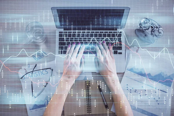 Double exposure of woman hands working on computer and forex graph hologram drawing. Top View. Financial analysis concept. — Stock Photo, Image