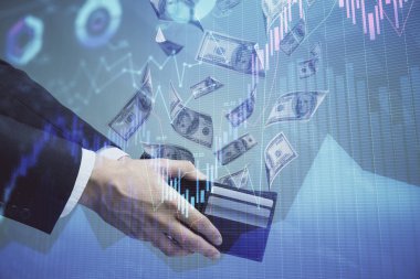 Finansal grafiğe çoklu pozlama hologram, Amerikan dolarları ve insan eli. Analiz kavramı.
