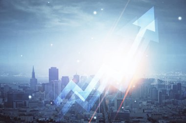 Büyüyen hologram ve şehir planında okların iki katına çıkarılması. Başarı kavramı.
