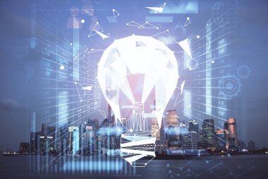 Ampul hologram çizimine ve şehir manzarasına çoklu maruz kalma. Fikir kavramı.