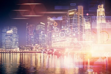 Veri temalı hologram gökdelenler arka planda çoklu pozlama ile şehir görünümüne çizim yapıyor. Ai kavramı.