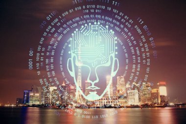 Şehrin arka planına beyin hologramı çizimi. Çifte maruz kalma. Beyin fırtınası konsepti.