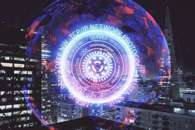 Teknoloji temalı hologramın ve şehrin arka planının iki katına çıkarılması. Yüksek Teknoloji kavramı.