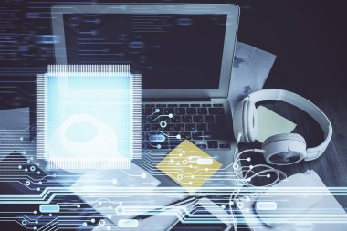 Arka planda bilgisayar ve teknik tema çizimi olan iki kat masaüstü görüntüsü. Büyük veri kavramı.