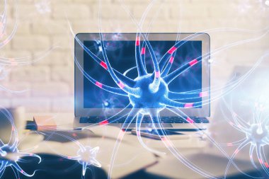 Masaüstü bilgisayar arkaplanı ve nöron çizimi. Çifte maruziyet. Eğitim kavramı.