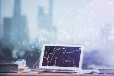 Bilgisayar geçmişi olan eski grafik hologramı. Çoklu maruz kalma. Finans piyasası kavramı.