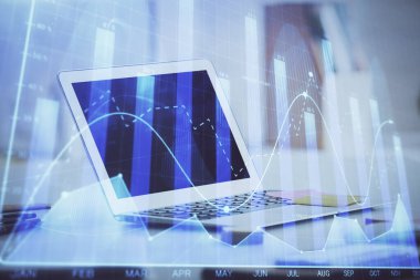 Bilgisayar geçmişi olan eski grafik hologramı. Çoklu maruz kalma. Finans piyasası kavramı.