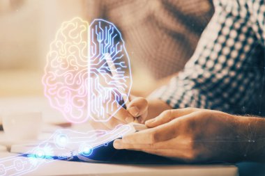 Çoklu pozlama yapay zeka beyin simgelerine sahip bir adam.