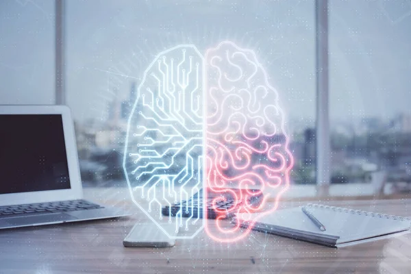 Multi exposição do espaço de trabalho com computador e holograma do cérebro humano. Conceito de brainstorm. — Fotografia de Stock