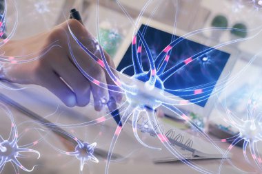 El üstünde tutulan nöron hologramı. Araştırma ve öğrenim kavramı. Çift pozlama