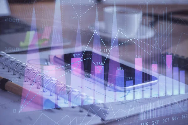 Doppelbelichtung von Forex-Diagramm-Zeichnung und Handy-Hintergrund. Konzept der Finanzdatenanalyse — Stockfoto