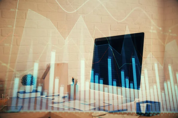 Double exposure of stock market graph drawing and office interior background. Concept of financial analysis. — Stock Photo, Image