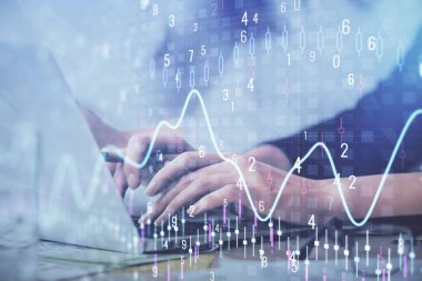 Bilgisayarda ve finansal grafik hologramında yazı yazan kadın ellerine çoklu maruz kalma. Borsa analizi kavramı.