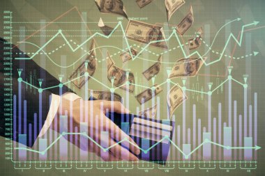 Finansal grafiğe çoklu pozlama hologram, Amerikan dolarları ve insan eli. Analiz kavramı.