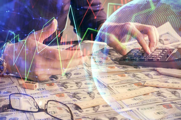 双曝光的男子手握和使用数字装置和外汇图绘图.金融市场的概念. — 图库照片