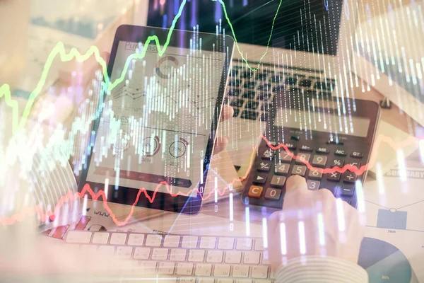 Double exposure of mans hands holding and using a digital device and forex graph drawing. Financial market concept. — Stock Photo, Image