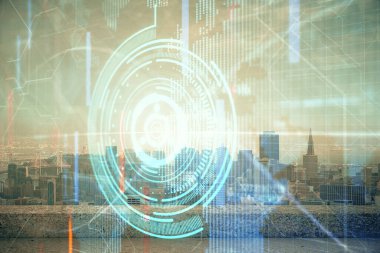 Veri temalı hologram gökdelenlerin arka planında çift pozlama ile şehir görünümüne çizim yapıyor. Teknoloji konsepti.