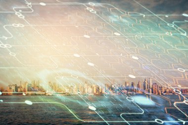 Veri temalı hologram gökdelenler arka planda çoklu pozlama ile şehir görünümüne çizim yapıyor. Büyük veri kavramı.