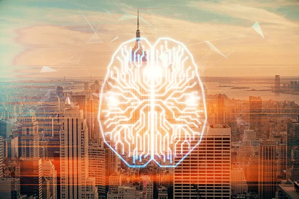 Holograma cerebral desenhado sobre a paisagem urbana exposição multi fundo. Ai no conceito de cidade moderna. — Fotografia de Stock