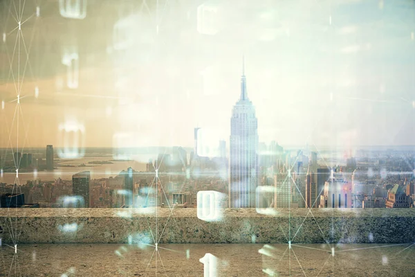 高層ビルを背景に二重露光で都市の景色を描くデータテーマのホログラム。技術コンセプト. — ストック写真